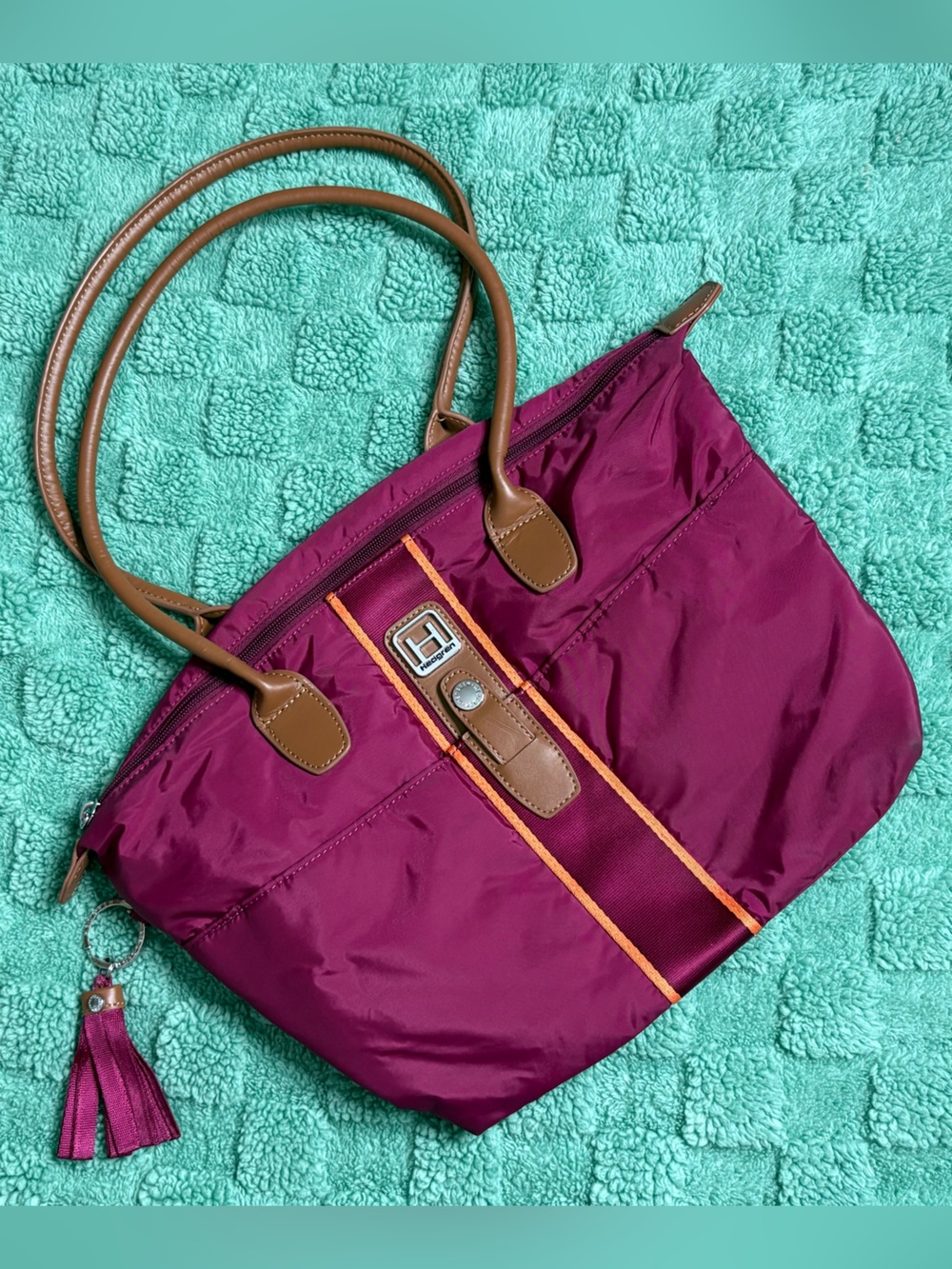 Magenta Nylon Tote Bag with Tan Handles